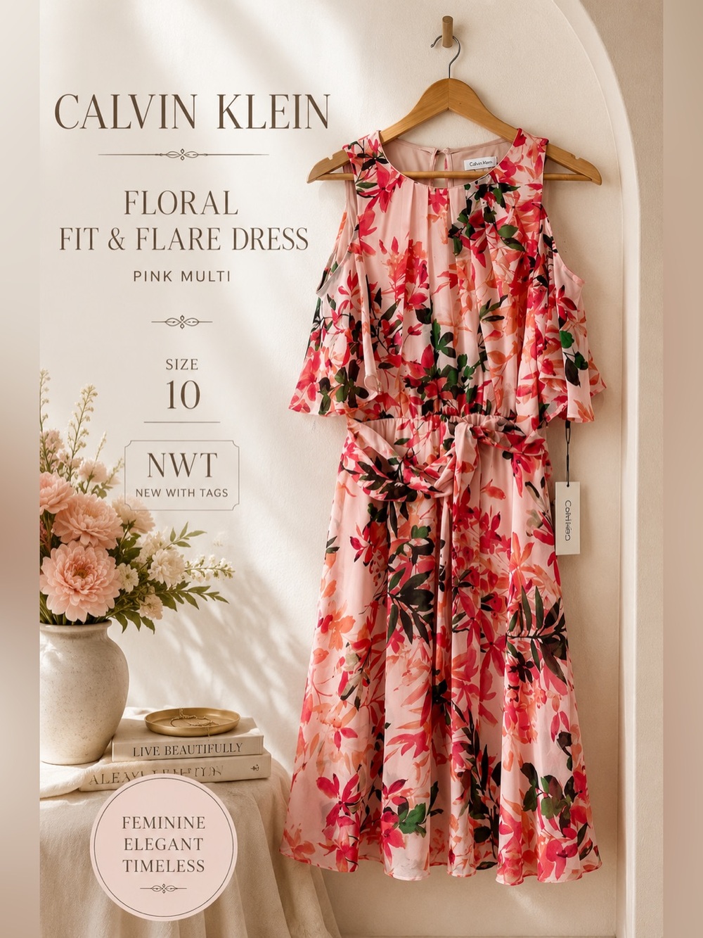 Calvin Klein Floral Chiffon Overlay Fit & Flare Dress Pink Multi Size 10 NWT